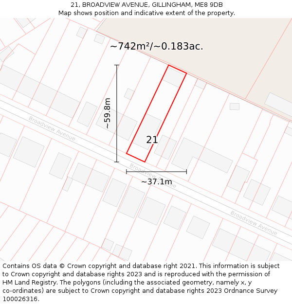 21, BROADVIEW AVENUE, GILLINGHAM, ME8 9DB: Plot and title map
