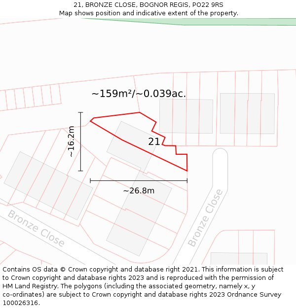21, BRONZE CLOSE, BOGNOR REGIS, PO22 9RS: Plot and title map