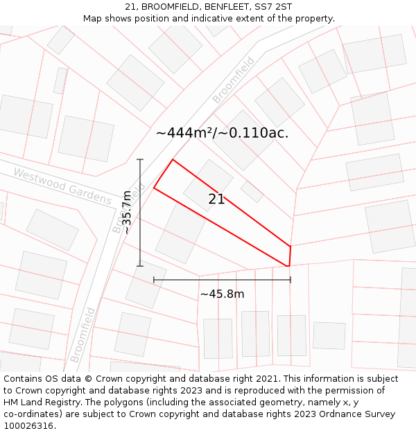 21, BROOMFIELD, BENFLEET, SS7 2ST: Plot and title map