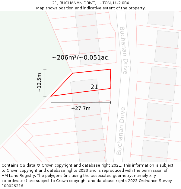 21, BUCHANAN DRIVE, LUTON, LU2 0RX: Plot and title map