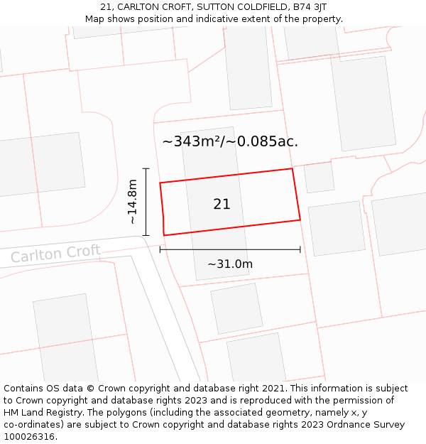 21, CARLTON CROFT, SUTTON COLDFIELD, B74 3JT: Plot and title map