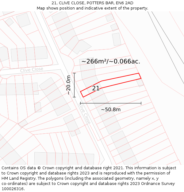 21, CLIVE CLOSE, POTTERS BAR, EN6 2AD: Plot and title map