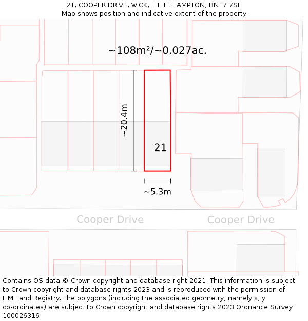 21, COOPER DRIVE, WICK, LITTLEHAMPTON, BN17 7SH: Plot and title map