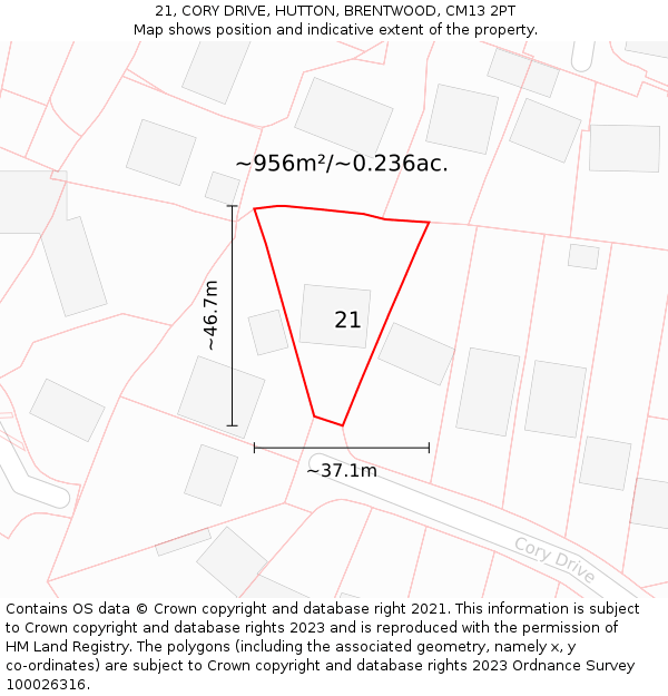 21, CORY DRIVE, HUTTON, BRENTWOOD, CM13 2PT: Plot and title map
