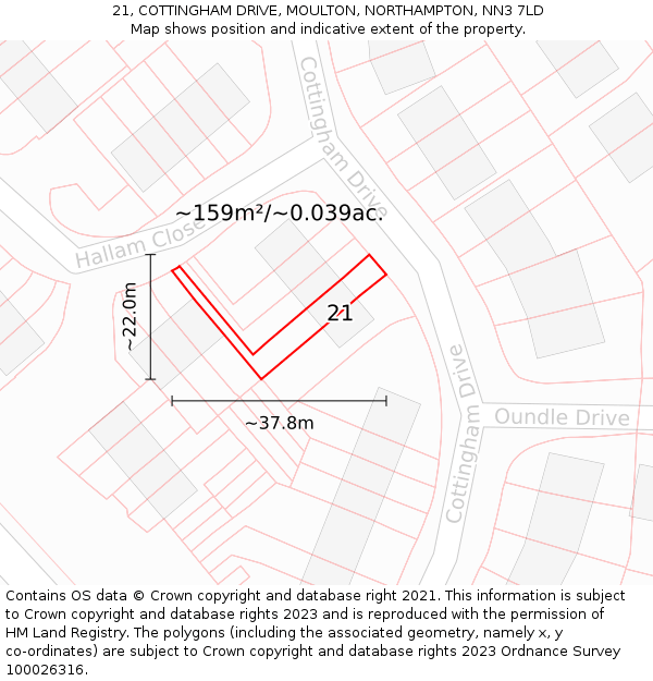 21, COTTINGHAM DRIVE, MOULTON, NORTHAMPTON, NN3 7LD: Plot and title map