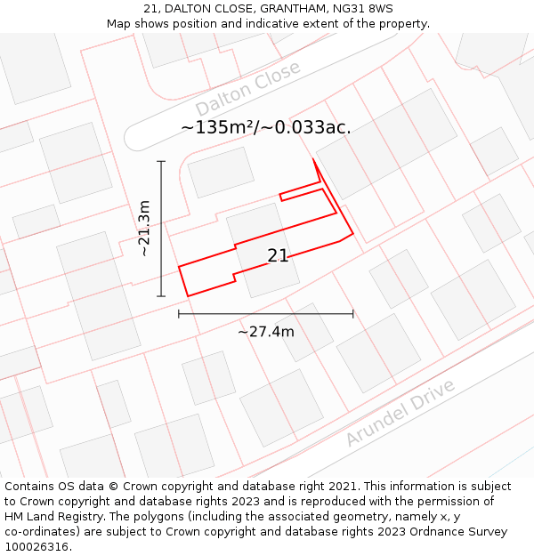 21, DALTON CLOSE, GRANTHAM, NG31 8WS: Plot and title map