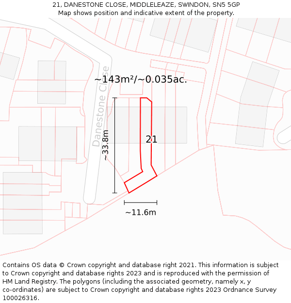 21, DANESTONE CLOSE, MIDDLELEAZE, SWINDON, SN5 5GP: Plot and title map