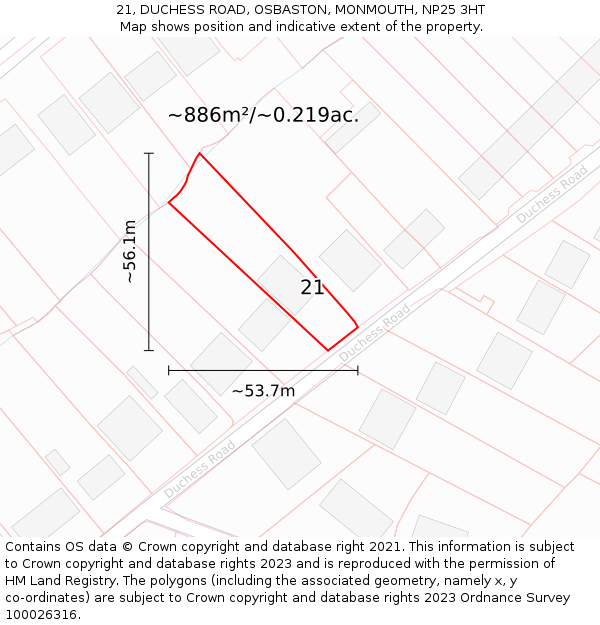 21, DUCHESS ROAD, OSBASTON, MONMOUTH, NP25 3HT: Plot and title map