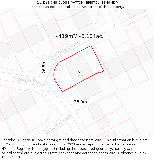 21, DYSONS CLOSE, YATTON, BRISTOL, BS49 4DP: Plot and title map