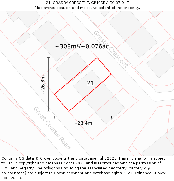 21, GRASBY CRESCENT, GRIMSBY, DN37 9HE: Plot and title map