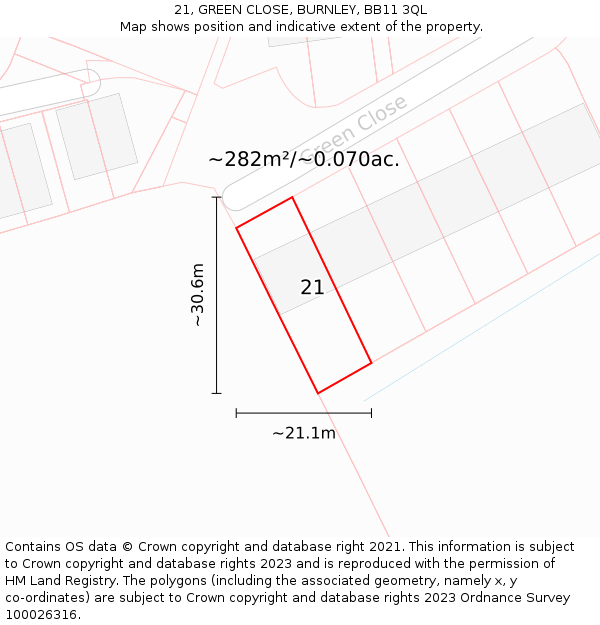 21, GREEN CLOSE, BURNLEY, BB11 3QL: Plot and title map