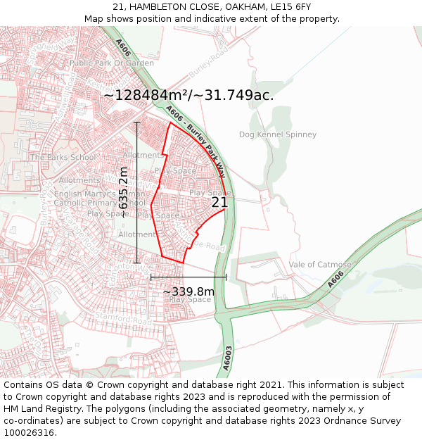 21, HAMBLETON CLOSE, OAKHAM, LE15 6FY: Plot and title map