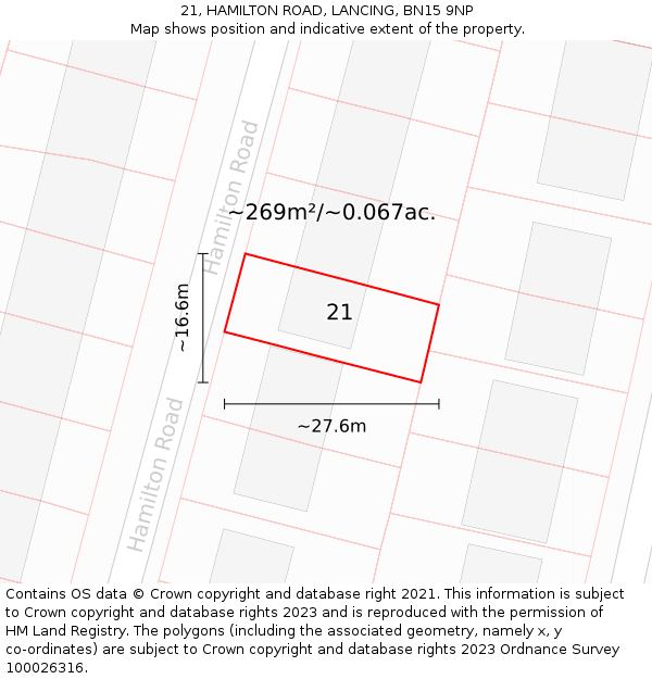 21, HAMILTON ROAD, LANCING, BN15 9NP: Plot and title map