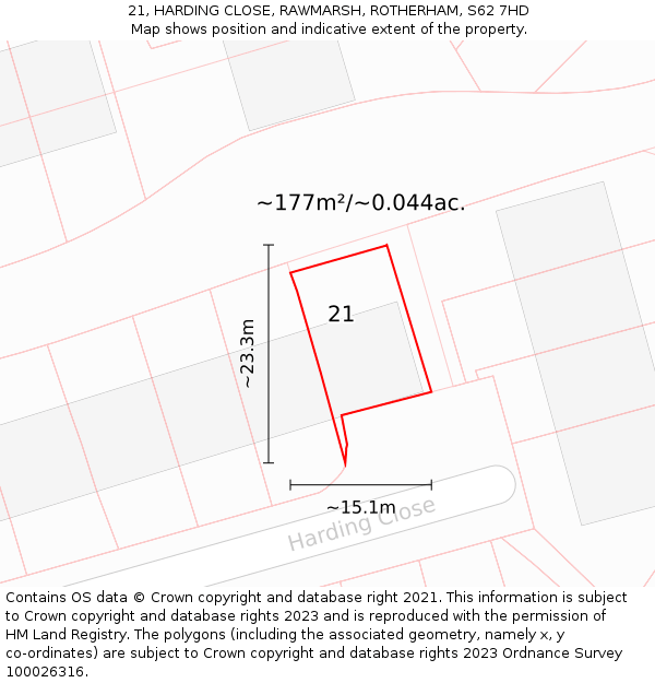 21, HARDING CLOSE, RAWMARSH, ROTHERHAM, S62 7HD: Plot and title map