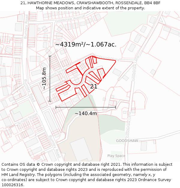 21, HAWTHORNE MEADOWS, CRAWSHAWBOOTH, ROSSENDALE, BB4 8BF: Plot and title map