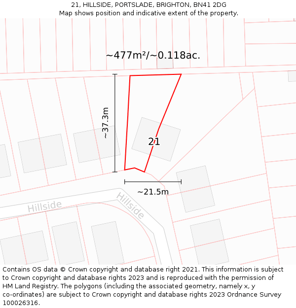 21, HILLSIDE, PORTSLADE, BRIGHTON, BN41 2DG: Plot and title map