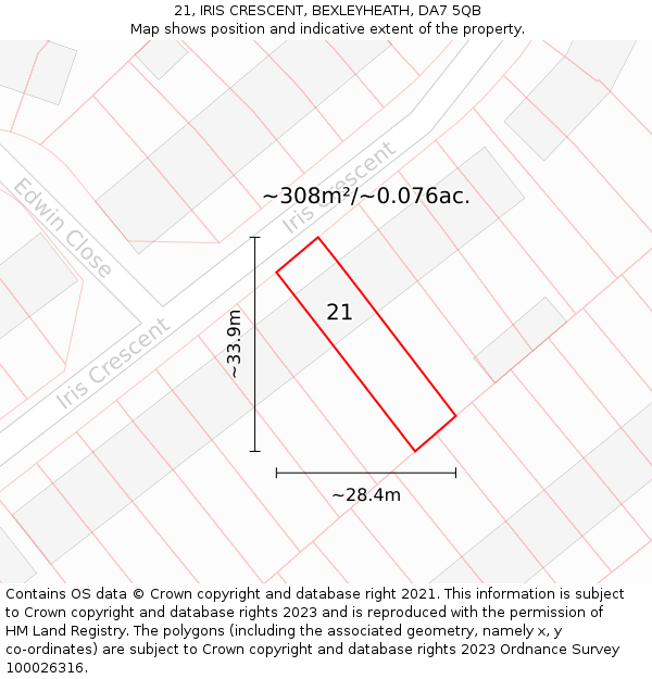 21, IRIS CRESCENT, BEXLEYHEATH, DA7 5QB: Plot and title map
