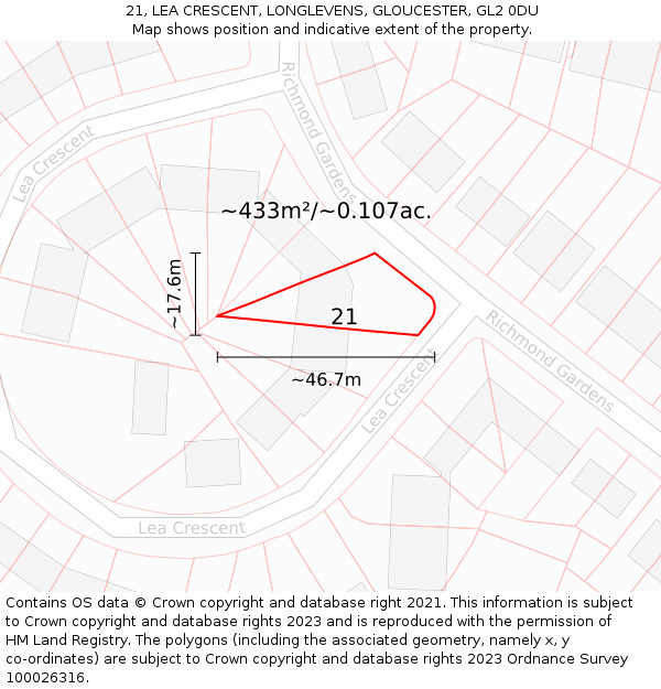 21, LEA CRESCENT, LONGLEVENS, GLOUCESTER, GL2 0DU: Plot and title map