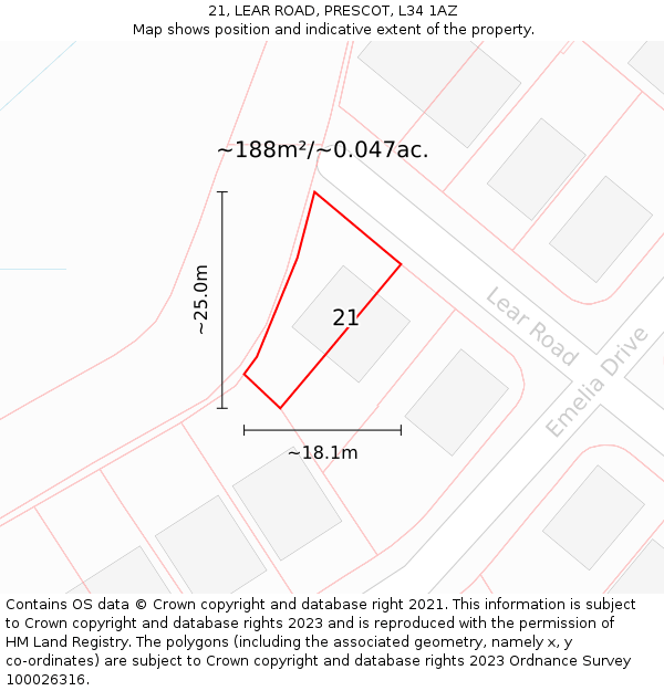 21, LEAR ROAD, PRESCOT, L34 1AZ: Plot and title map