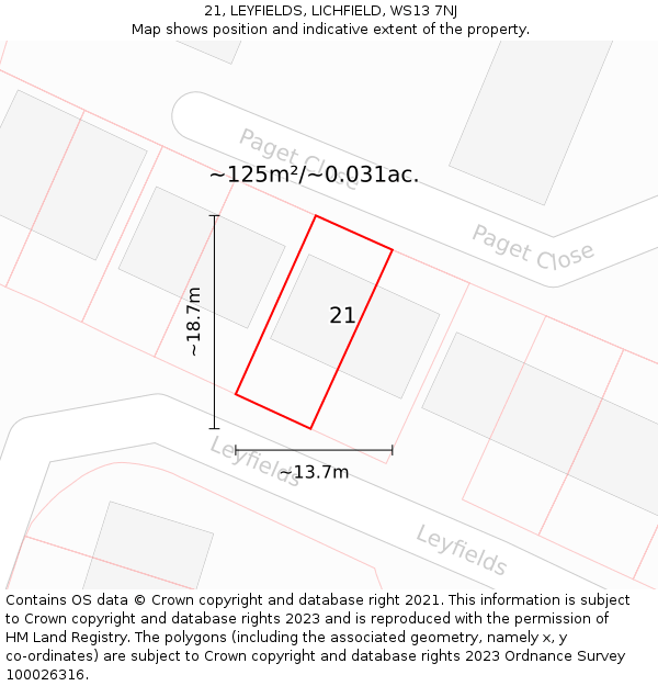 21, LEYFIELDS, LICHFIELD, WS13 7NJ: Plot and title map