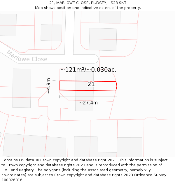 21, MARLOWE CLOSE, PUDSEY, LS28 9NT: Plot and title map