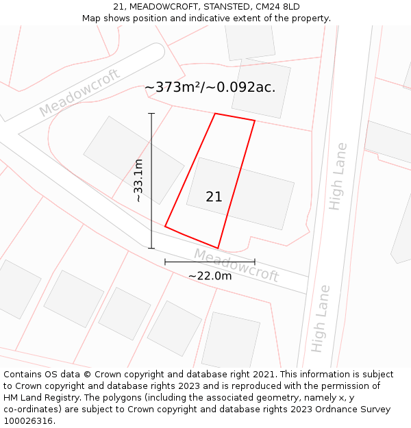 21, MEADOWCROFT, STANSTED, CM24 8LD: Plot and title map