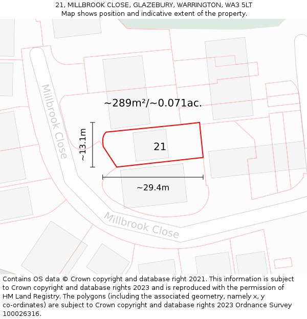 21, MILLBROOK CLOSE, GLAZEBURY, WARRINGTON, WA3 5LT: Plot and title map