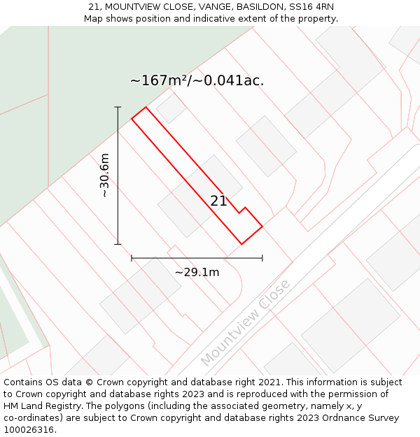 21, MOUNTVIEW CLOSE, VANGE, BASILDON, SS16 4RN: Plot and title map