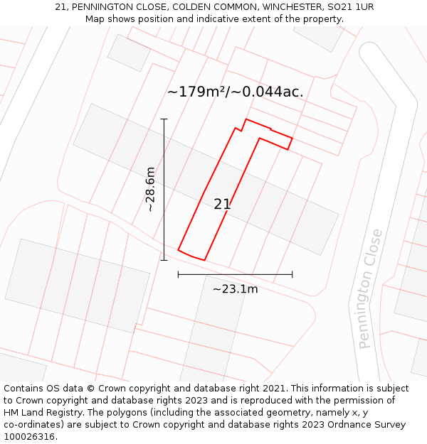 21, PENNINGTON CLOSE, COLDEN COMMON, WINCHESTER, SO21 1UR: Plot and title map