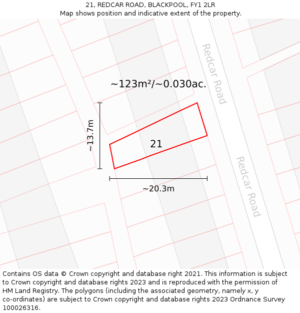 21, REDCAR ROAD, BLACKPOOL, FY1 2LR: Plot and title map