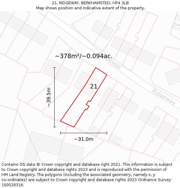 21, RIDGEWAY, BERKHAMSTED, HP4 3LB: Plot and title map