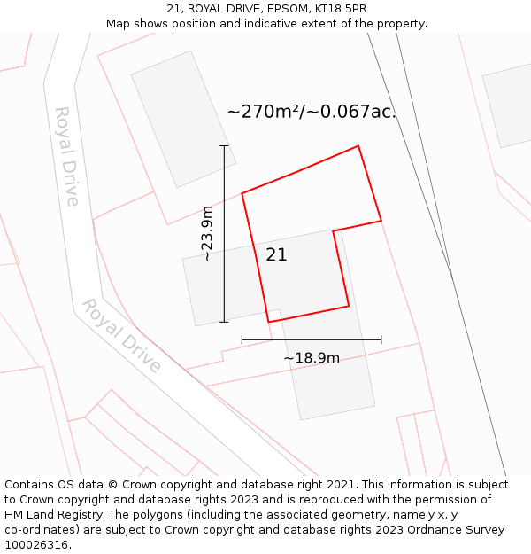 21, ROYAL DRIVE, EPSOM, KT18 5PR: Plot and title map