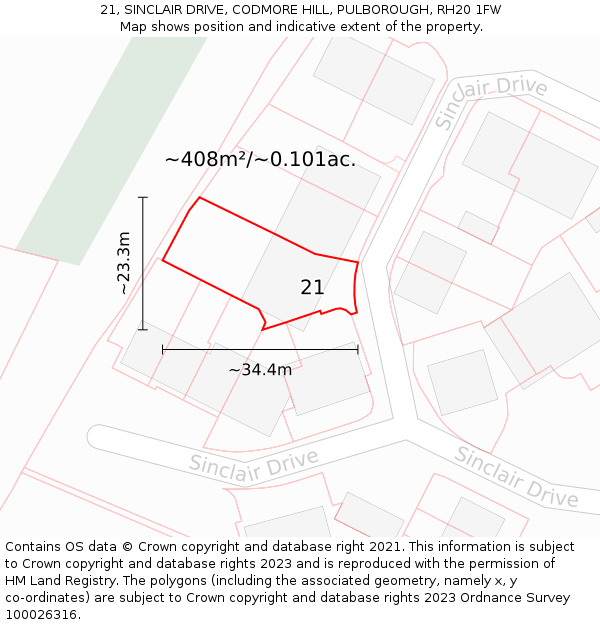 21, SINCLAIR DRIVE, CODMORE HILL, PULBOROUGH, RH20 1FW: Plot and title map