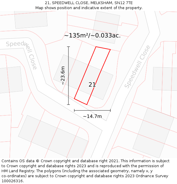 21, SPEEDWELL CLOSE, MELKSHAM, SN12 7TE: Plot and title map