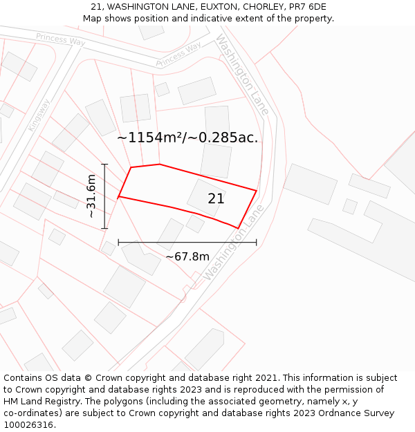 21, WASHINGTON LANE, EUXTON, CHORLEY, PR7 6DE: Plot and title map