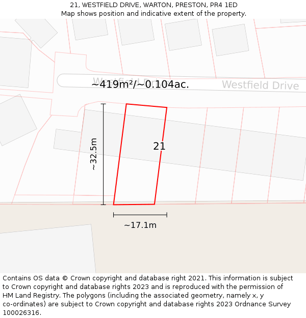 21, WESTFIELD DRIVE, WARTON, PRESTON, PR4 1ED: Plot and title map