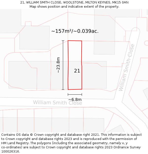 21, WILLIAM SMITH CLOSE, WOOLSTONE, MILTON KEYNES, MK15 0AN: Plot and title map