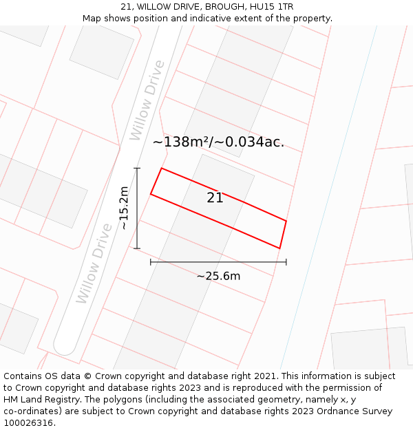 21, WILLOW DRIVE, BROUGH, HU15 1TR: Plot and title map