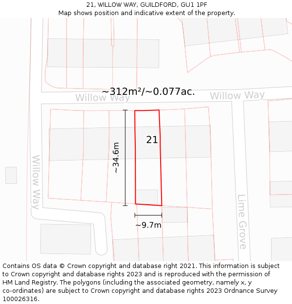 21, WILLOW WAY, GUILDFORD, GU1 1PF: Plot and title map