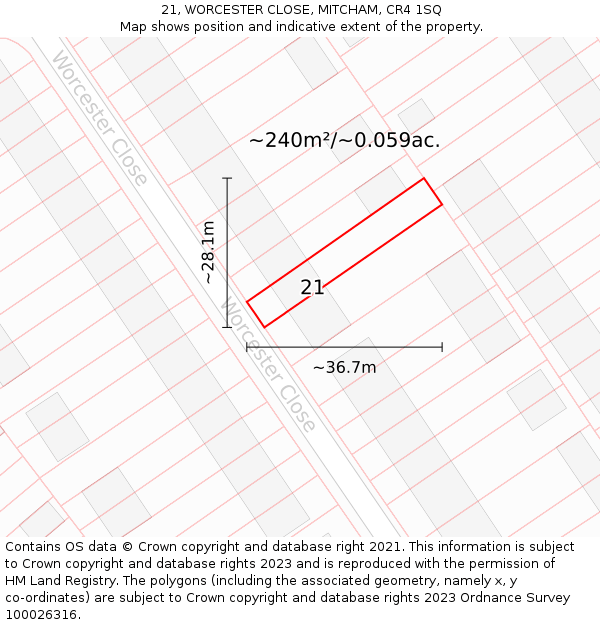 21, WORCESTER CLOSE, MITCHAM, CR4 1SQ: Plot and title map