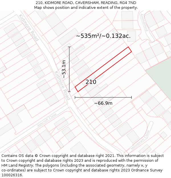 210, KIDMORE ROAD, CAVERSHAM, READING, RG4 7ND: Plot and title map