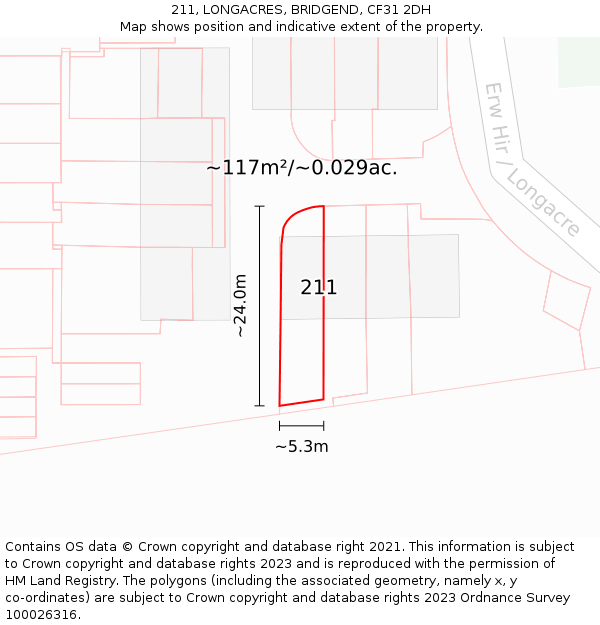 211, LONGACRES, BRIDGEND, CF31 2DH: Plot and title map