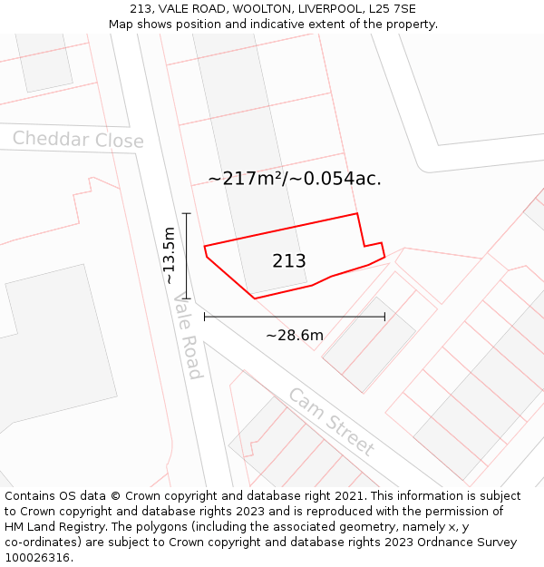 213, VALE ROAD, WOOLTON, LIVERPOOL, L25 7SE: Plot and title map