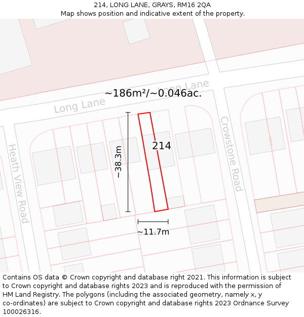 214, LONG LANE, GRAYS, RM16 2QA: Plot and title map