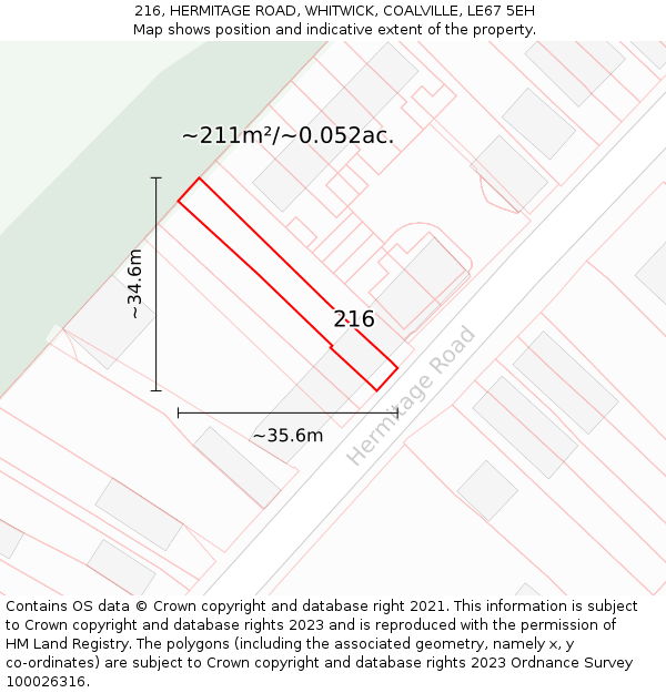 216, HERMITAGE ROAD, WHITWICK, COALVILLE, LE67 5EH: Plot and title map