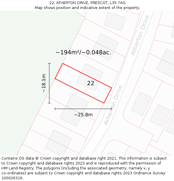 22, ATHERTON DRIVE, PRESCOT, L35 7AG: Plot and title map