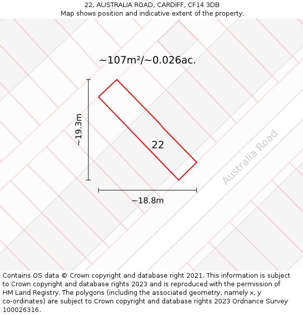 22, AUSTRALIA ROAD, CARDIFF, CF14 3DB: Plot and title map