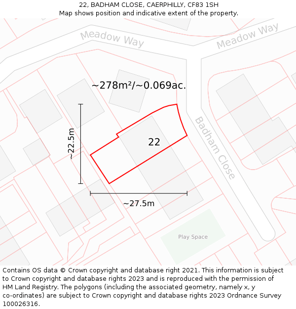 22, BADHAM CLOSE, CAERPHILLY, CF83 1SH: Plot and title map