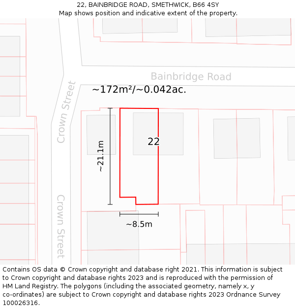 22, BAINBRIDGE ROAD, SMETHWICK, B66 4SY: Plot and title map