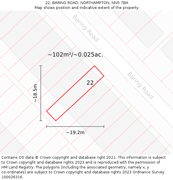 22, BARING ROAD, NORTHAMPTON, NN5 7BA: Plot and title map
